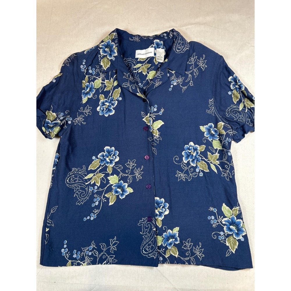 Alfred Dunner Floral Paisley Button Down Blouse Navy Blue Rayon Short Sleeve 12 - Picture 2 of 8